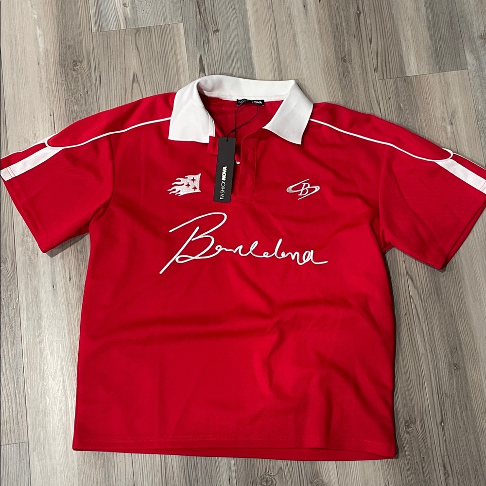 Fashion Barcelona Nova oversized Red Polo Shirt with White Accents
